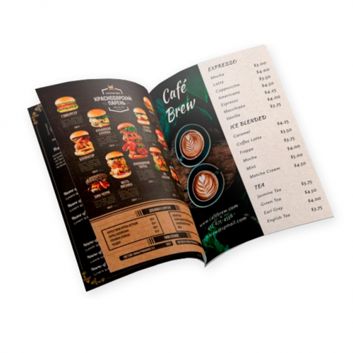 Cardápio A5 | 8 páginas | 4/4 | Laminação Fosca 1x1 | Verniz Localizado